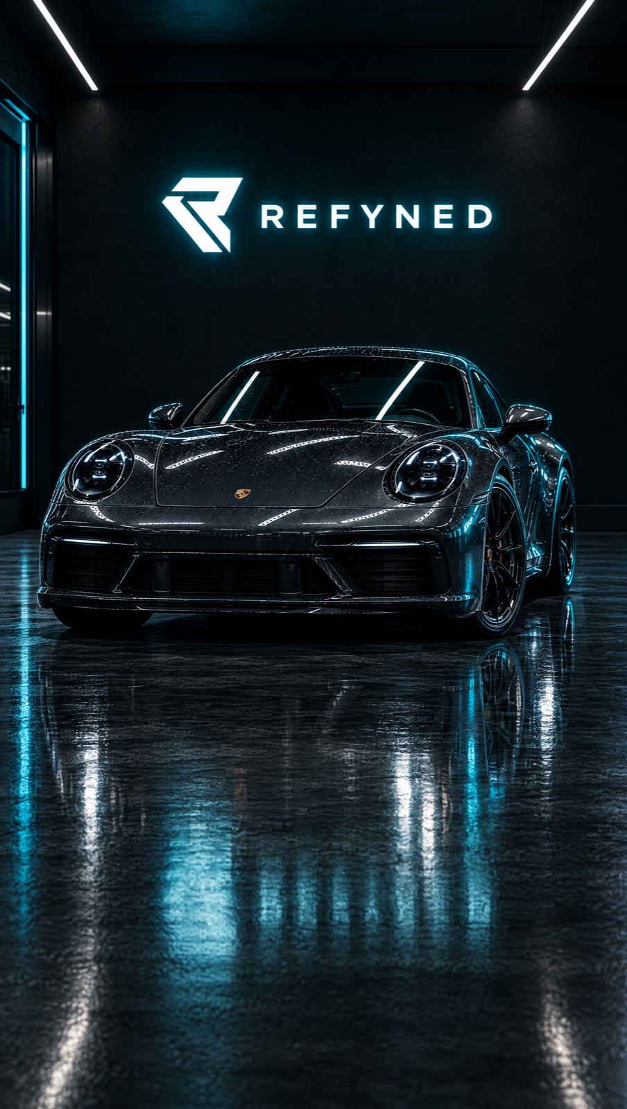 Grey sports car protected with Refyned PPF beneath an illuminated Refyned sign
