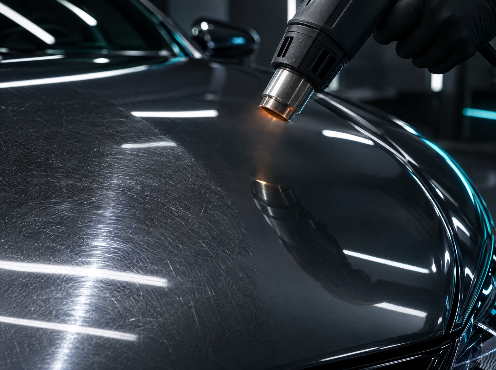 Heat gun passing over Refyned PPF, with swirl marks fading into a flawless gloss finish